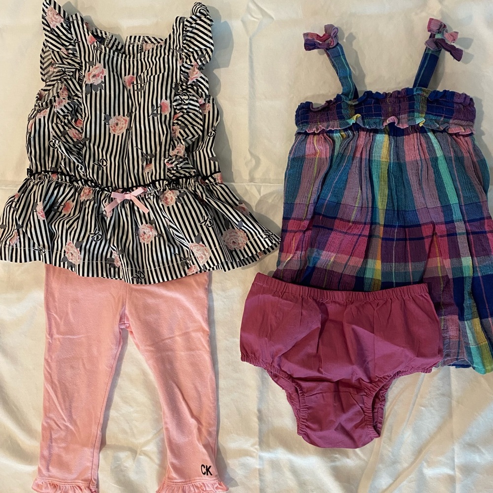 Toddler 18mo. Calvin Klein top/pant outfit. Baby Gap dress w bloomer.